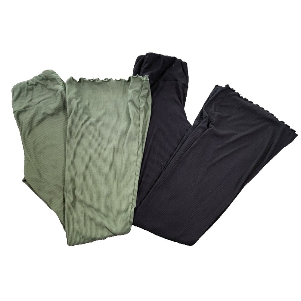 No Boundaries Ribbed Flare Pants Lot 2 Olive Green Black Lettuce Hem Womens M